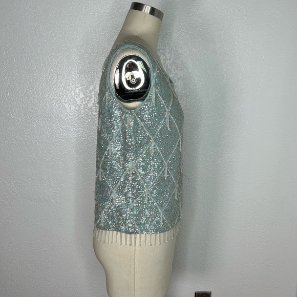 Vintage baby blue iridescent sequin pearl retro flapper top M - Picture 2 of 8